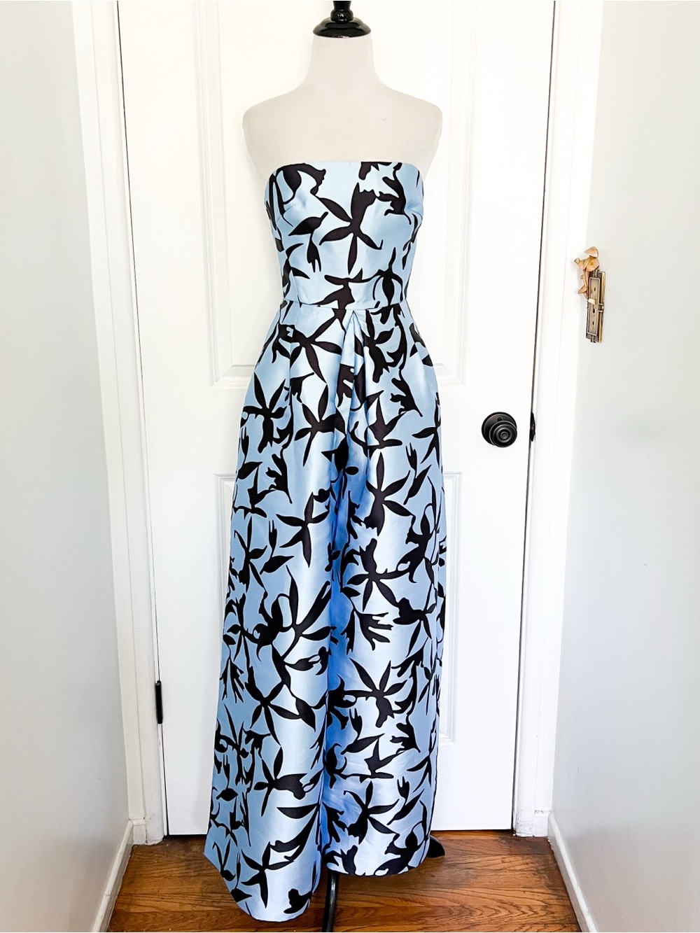 C/MEO Collective Strapless Light Blue Structured Jumpsuit Black Floral Print